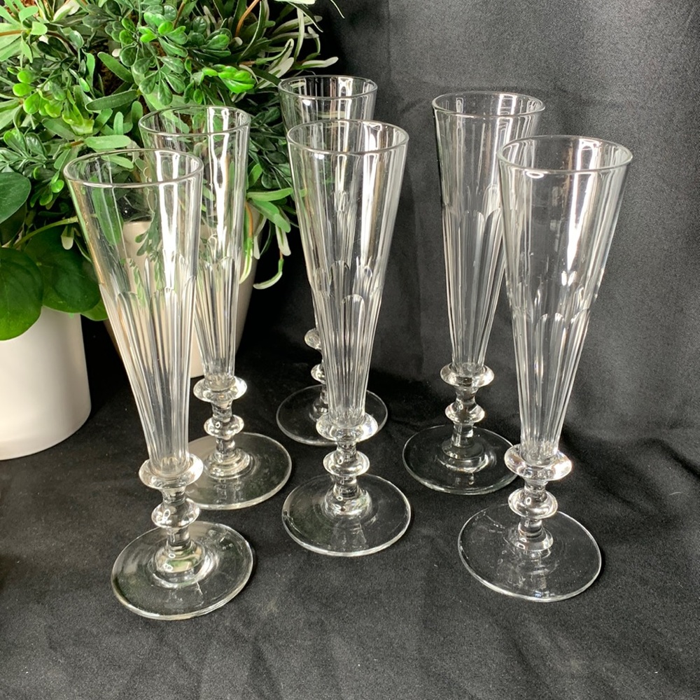 Set of 6 antique mid 19th century cut panel faceted crystal champagne glasses